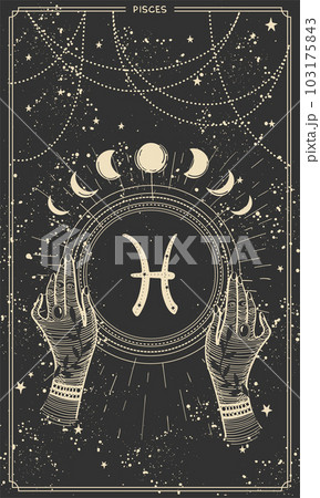 Pisces zodiac sign, astrology boho card, horoscope. Two hands of a witch fortune teller, hand drawn illustration, story card with black background. Vintage vector. Pisces zodiac sign, astrology boho card, horoscope. Two hands of a witch fortune teller, hand drawn illustration, story card with black background. Vintage vector. 103175843