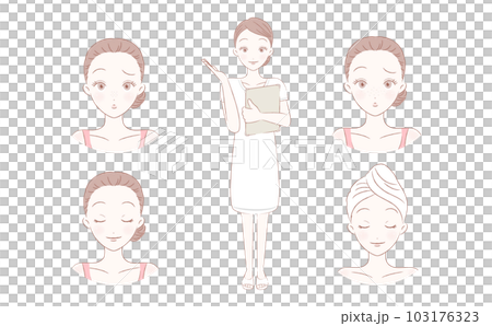 カルテを持ったエステティシャンの全身イラストと肌トラブルに悩む人・施術中・施術後の女性人物素材 カルテを持ったエステティシャンの全身イラストと肌トラブルに悩む人・施術中・施術後の女性人物素材 103176323