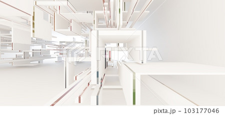 Luxury parametric abstract architectural minimalistic background. Contemporary showroom. Modern colored glass exhibition tunnel. Empty gallery. Backlight. 3D illustration and rendering. 103177046