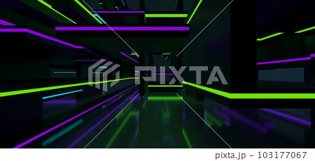 Abstract architectural minimalistic background. Laser show in the ultraviolet spectrum. Modern  impulse tunnel. Futuristic space sci-fi frame neon backlight. 3D illustration and rendering. 103177067