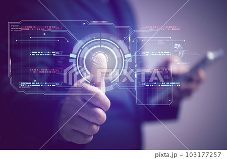 Online Security Identity Verification Concept. Businessman scans his finger to verify identity to access the corporate system. Cyber security and information technology. 103177257