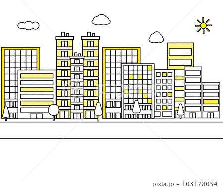 シンプルに描かれた近代的な都市の街並みの風景のイラストセット・建物・オフィス街・オフィスビル 103178054