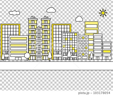 シンプルに描かれた近代的な都市の街並みの風景のイラストセット・建物・オフィス街・オフィスビル 103178054