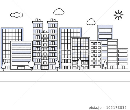 シンプルに描かれた近代的な都市の街並みの風景のイラストセット・建物・オフィス街・オフィスビル 103178055