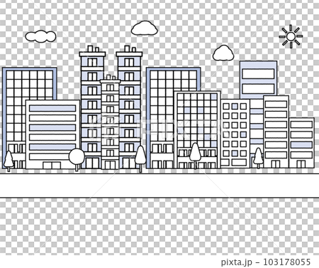 シンプルに描かれた近代的な都市の街並みの風景のイラストセット・建物・オフィス街・オフィスビル 103178055