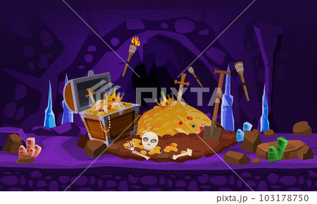 Fantasy Treasure cave with pile of gold coins, wooden chest, crystals, gem, money sword and skull 103178750