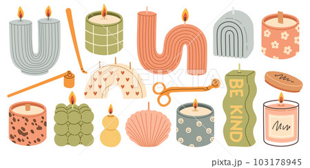Various Candles. Different shapes and sizes. Pillar, jar candle, square, container candle. Hand drawn trendy Vector set Various Candles. Different shapes and sizes. Pillar, jar candle, square, container candle. Hand drawn trendy Vector set 103178945