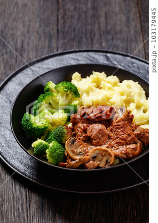 beef mushrooms stew with mashed potato and salad beef mushrooms stew with mashed potato and salad 103179445