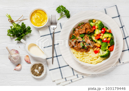 beef mushrooms stew with mashed potato and salad beef mushrooms stew with mashed potato and salad 103179446