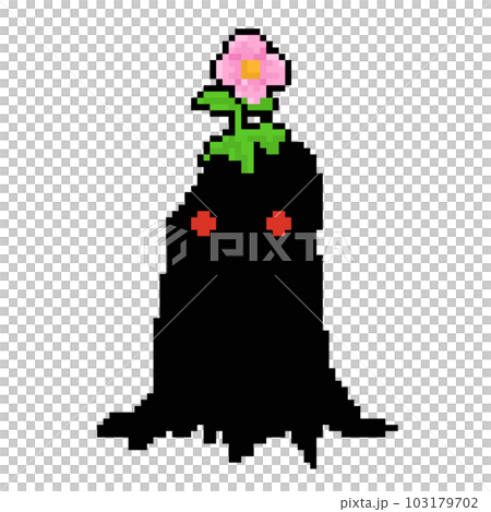 Pixel art cartoon black monster with pink flower on head. Pixel art cartoon black monster with pink flower on head. 103179702
