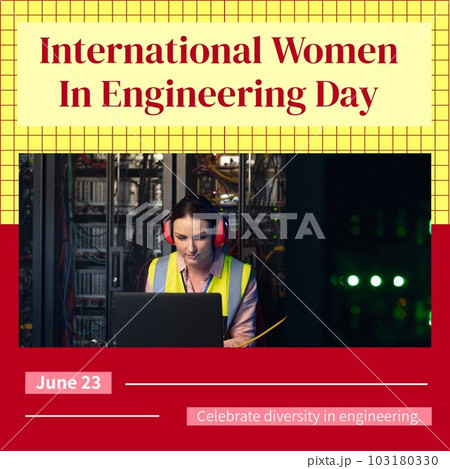 Caucasian woman using laptop in data center and international women in engineering day text Caucasian woman using laptop in data center and international women in engineering day text 103180330