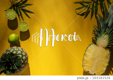 Summer Flat Lay, Tropical Pineapple, Text Merci Means Thank You 103181528