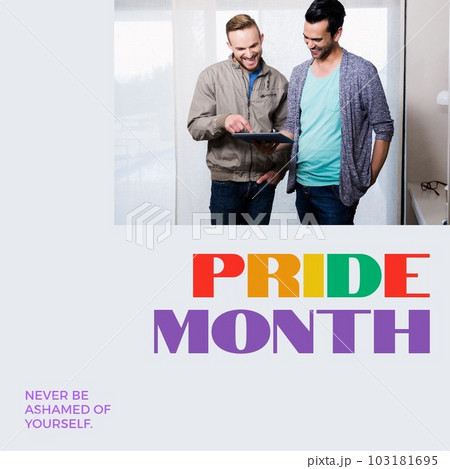 Composition of pride month text and happy diverse male gay couple 103181695