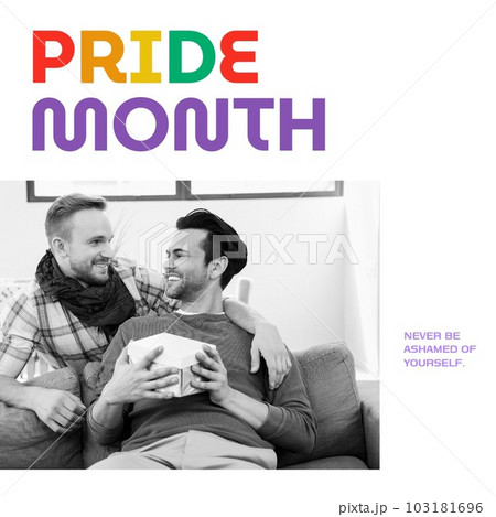 Composition of pride month text and happy diverse male gay couple Composition of pride month text and happy diverse male gay couple 103181696
