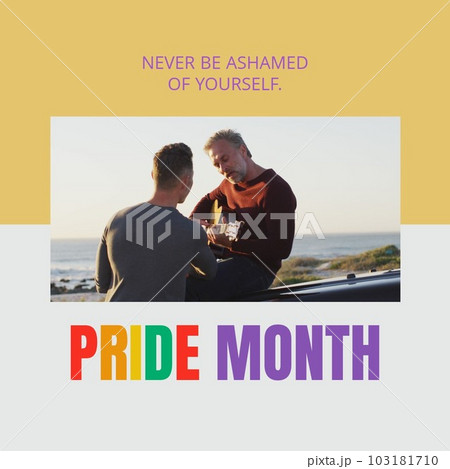 Composition of pride month text and happy diverse male gay couple playing guitar 103181710