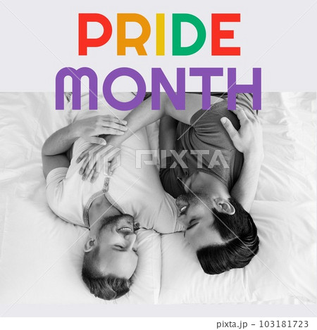 Composition of pride month text and happy diverse male gay couple embracing Composition of pride month text and happy diverse male gay couple embracing 103181723