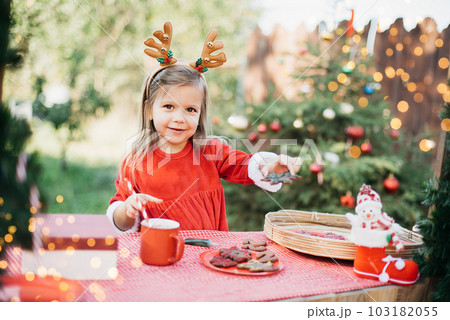 Christmas in july. Child waiting for Christmas in wood in july. portrait of little girl drinking hot cocoa with marshmallow and gingerBread man cookies. Merry Christmas and Happy Holidays. 103182055
