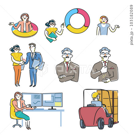 ビジネス管理者と秘書業務ほか実務作業を行うスタッフ セット イラスト素材 ビジネス管理者と秘書業務ほか実務作業を行うスタッフ セット イラスト素材 103182089