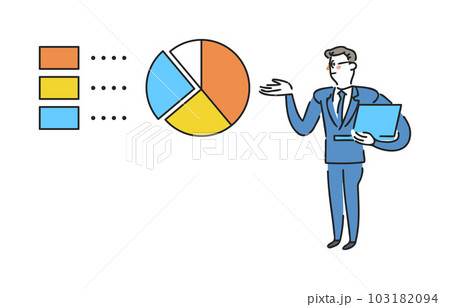 円グラフで表現されたデータについて説明している男性ビジネスパーソン, イラスト素材 円グラフで表現されたデータについて説明している男性ビジネスパーソン, イラスト素材 103182094