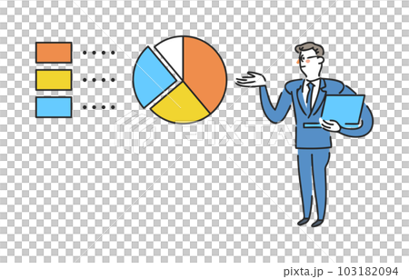 円グラフで表現されたデータについて説明している男性ビジネスパーソン, イラスト素材 円グラフで表現されたデータについて説明している男性ビジネスパーソン, イラスト素材 103182094