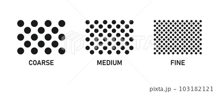 Coffee grain grind size. Ground coffee beans. Fine, medium, coarse grinding degree icons. Vector illustration isolated on white background Coffee grain grind size. Ground coffee beans. Fine, medium, coarse grinding degree icons. Vector illustration isolated on white background 103182121
