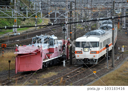 DD15形ラッセル車と117系電車の離合 103183416