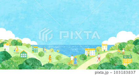 夏の街並みと人々のベクターイラスト背景(海,入道雲,山) 夏の街並みと人々のベクターイラスト背景(海,入道雲,山) 103183837