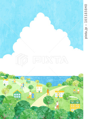 夏の街並みと人々のベクターイラスト背景(海,入道雲,山) 103183840