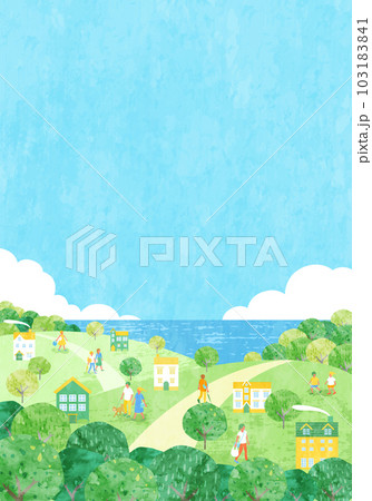 夏の街並みと人々のベクターイラスト背景(海,入道雲,山) 夏の街並みと人々のベクターイラスト背景(海,入道雲,山) 103183841