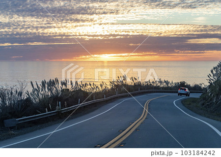 United States, California, Pacific Coast sunset from Highway 1 along Big Sur coastline 103184242