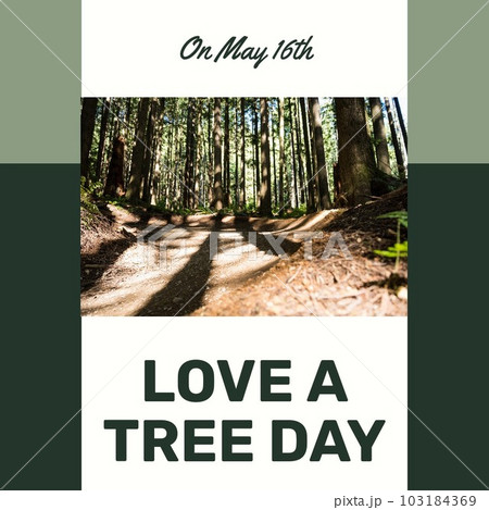 Composite of on may 16th and love a tree day text over tranquil view of trees growing in forest Composite of on may 16th and love a tree day text over tranquil view of trees growing in forest 103184369