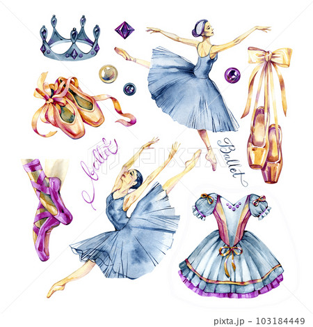 Set, collection of watercolor ballerinas, pointe shoes and pearl illustration, hand drawn isolated on a white background Set, collection of watercolor ballerinas, pointe shoes and pearl illustration, hand drawn isolated on a white background 103184449