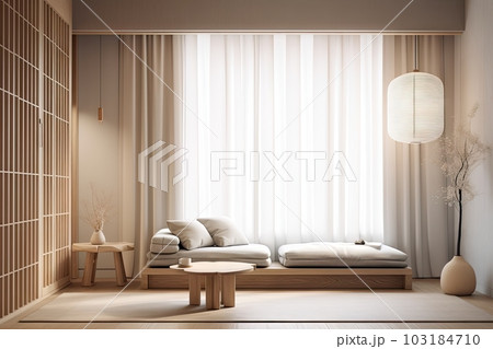 simple and elegant japanese style interior with minimalist design, neutral colors, and natural accents, created with generative ai 103184710
