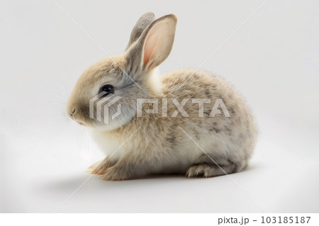 Front view of cute baby rabbits on white background , Little cute rabbits sitting with Lovely action on white, Generative Ai	 103185187
