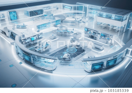 sweeping view of a futuristic hospital, with advanced medical equipment and personalized healthcare services, created with generative ai 103185339