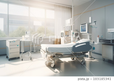 a hospital room, with advanced monitoring and diagnostic equipment, providing high-tech care, created with generative ai a hospital room, with advanced monitoring and diagnostic equipment, providing high-tech care, created with generative ai 103185341