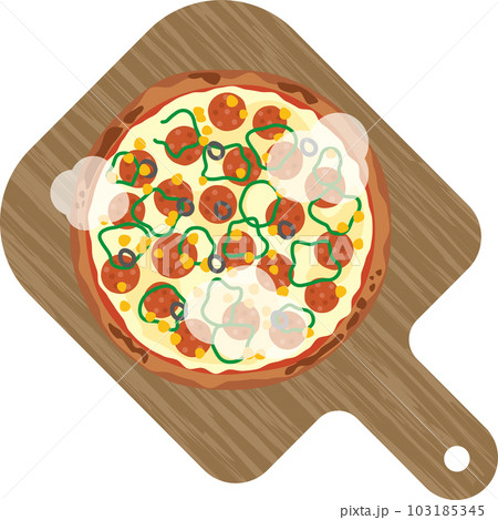 木製プレートに乗っているできたてピザのイメージイラスト 103185345