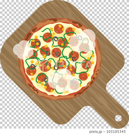 木製プレートに乗っているできたてピザのイメージイラスト 103185345