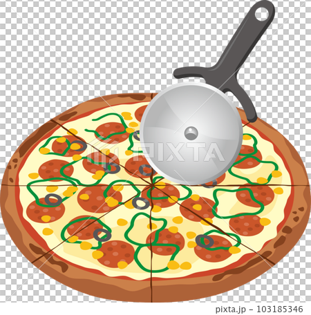 Image illustration of a pizza being cut with a cutter 103185346
