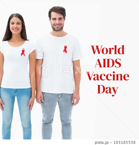 Composition of world aids vaccine day text over caucasian couple with red ribbon 103185538