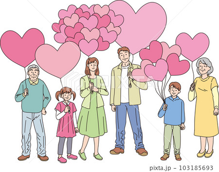 ハートの風船を持った人たち_カラー_6人家族_上半身 ハートの風船を持った人たち_カラー_6人家族_上半身 103185693