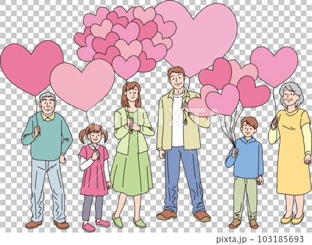 ハートの風船を持った人たち_カラー_6人家族_上半身 ハートの風船を持った人たち_カラー_6人家族_上半身 103185693