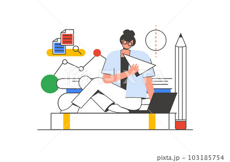 Back to school outline web concept with character scene. Student studying online and making homework. People situation in flat line design. Illustration for social media marketing material. Back to school outline web concept with character scene. Student studying online and making homework. People situation in flat line design. Illustration for social media marketing material. 103185754