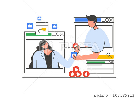 Video chatting outline web concept with character scene. Woman and man connecting via video call screens. People situation in flat line design. Illustration for social media marketing material. 103185813