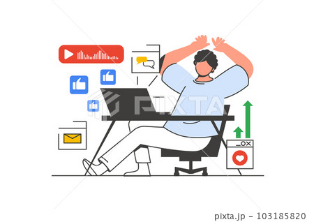 Video blogging outline web concept with character scene. Man makes post, gets feedback and subscribers. People situation in flat line design. Illustration for social media marketing material. Video blogging outline web concept with character scene. Man makes post, gets feedback and subscribers. People situation in flat line design. Illustration for social media marketing material. 103185820