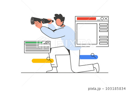 Searching opportunities outline web concept with character scene. Man looks into spyglass, choosing goal. People situation in flat line design. Illustration for social media marketing material. 103185834