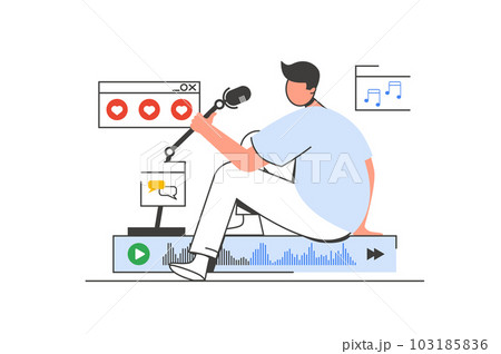 Podcast streaming outline web concept with character scene. Man speaking in microphone, recording audio. People situation in flat line design. Illustration for social media marketing material. Podcast streaming outline web concept with character scene. Man speaking in microphone, recording audio. People situation in flat line design. Illustration for social media marketing material. 103185836