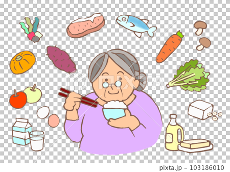 認知症予防　栄養バランスのよい食事をとる高齢女性のイラスト 103186010