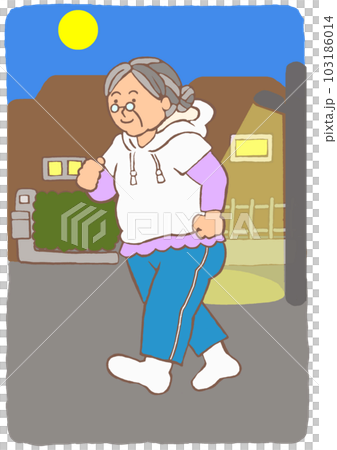 認知症予防　夜間に近所をウォーキングする高齢女性のイラスト 103186014