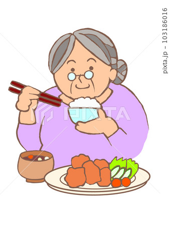 認知症予防 健康的な食事をとる高齢女性のイラスト 認知症予防 健康的な食事をとる高齢女性のイラスト 103186016